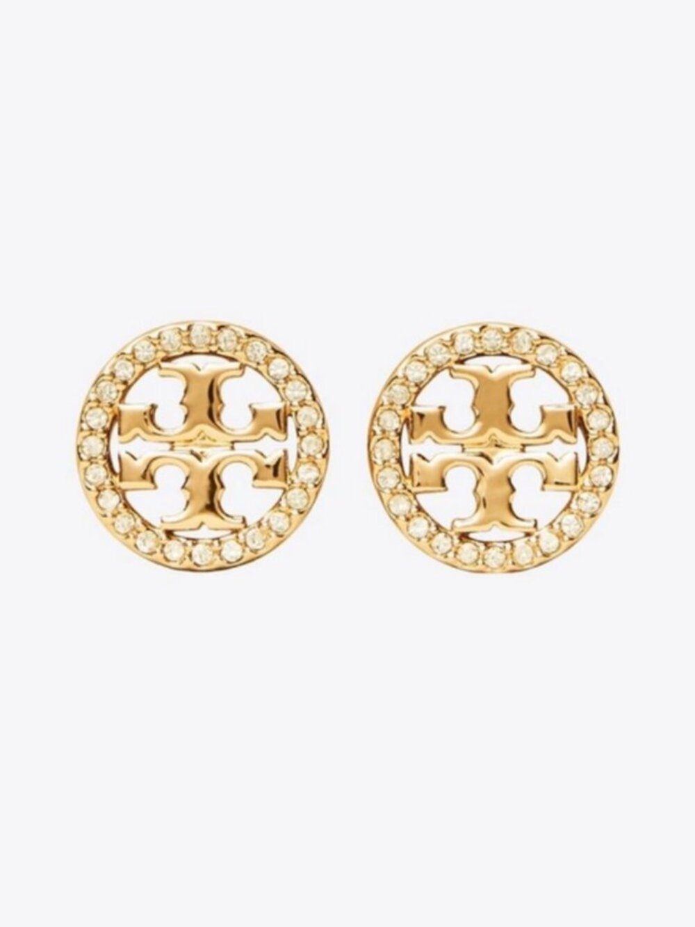 Tory Burch Miller Crystal Logo Stud Earrings Gold Tone Pavé Double T Earrings